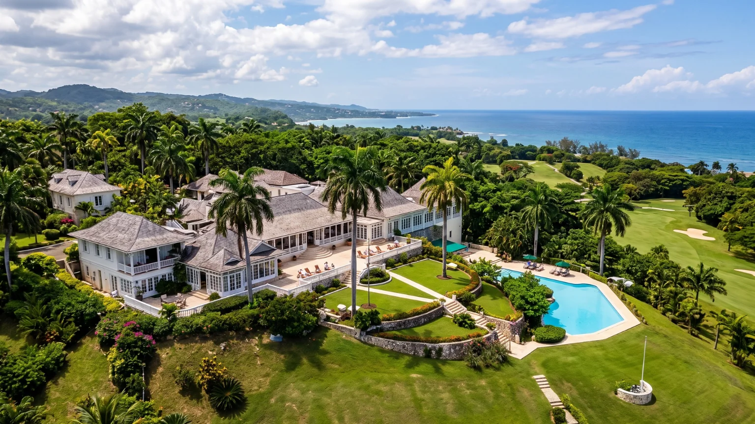 Aerial view of the Great House, its pool and gardens on the hill above the coast